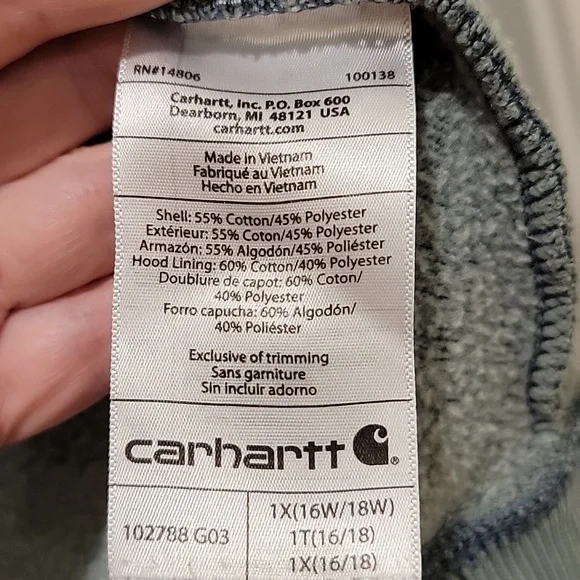 Carhartt Sage Green Full-Zip Hoodie Size 1X (16/18) - Picture 10 of 10